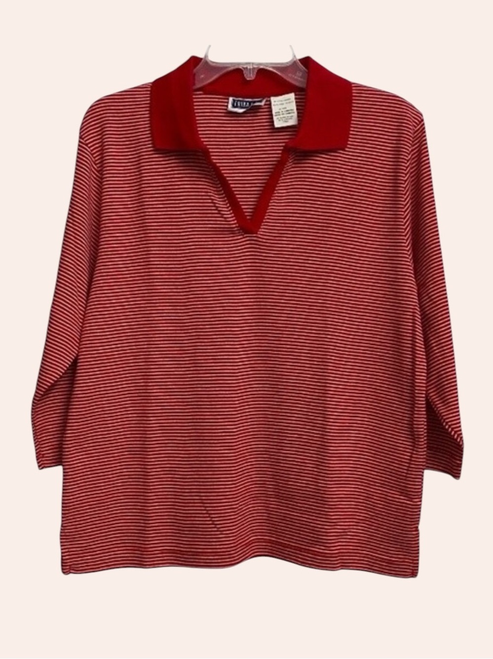 Erika & Co Women's Polo V-Neck Shirt Size L Red White Stripes 3/4 Sleeves Casual